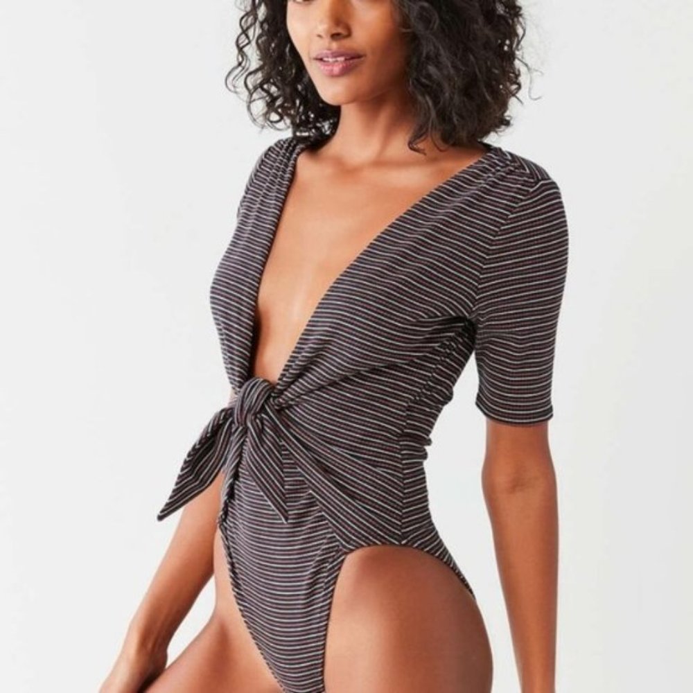 Urban Outfitters Striped Tie-Front Bodysuit in Black and White